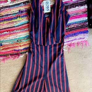 Red and navy blue pant romper